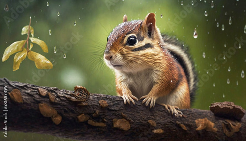 chipmunk in the rain sitting on a tree