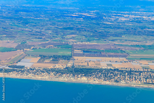 View from a flying plane on Fiumicino bay and the Tyrrhenian sea  Italy