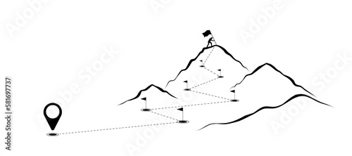A man holds a flag on top of mountain. The path to success on white background. Concept of a business leader that drives strategic goals. Background for banners and space for text.