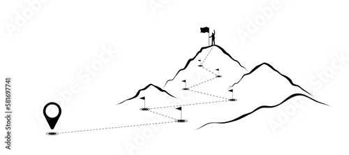 A man holds a flag on top of mountain. The path to success on white background. Concept of a business leader that drives strategic goals. Background for banners and space for text.