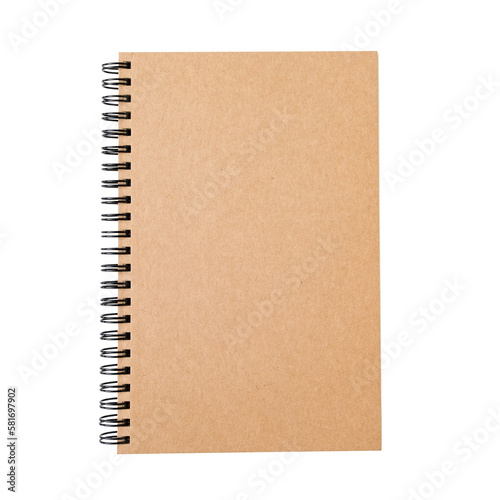 Top view of closed blank notebook brown craft paper cover  isolated on transparent background