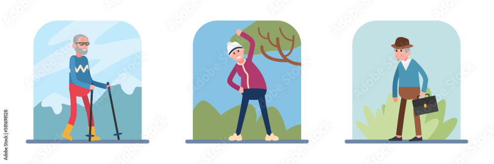 Group of active old people working and doing sports. Senior men having active lifestyle. Going to work. Cartoon characters of people on retirement. Happy old age. Vector Group of active old people working and doing sports. Senior men having active lifestyle. Going to work. Cartoon characters of people on retirement. Happy old age. Vector