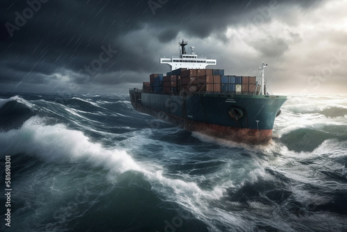 Cargo ship in a stormy sea - Generative AI