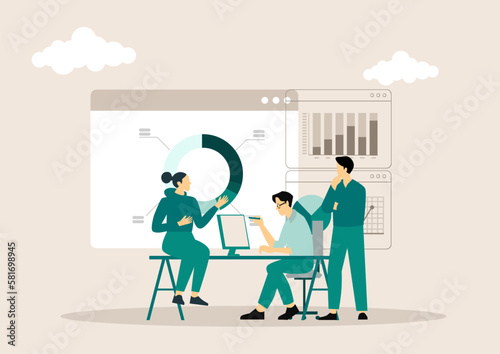 People concept. Vector illustration of team management, data analysis, planning, business report for graphic and web design, business presentation and marketing material.