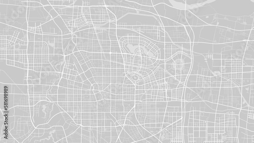 White and light grey Zhengzhou city area vector background map, roads and water illustration. Widescreen proportion, digital flat design.