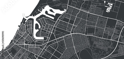 Ajman vector map. Detailed black map of Ajman city poster with streets. Cityscape poster metropolitan aria view.
