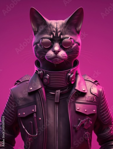 Portrait of Cat wearing black jacket on pink background. Created Generative Ai © CYBERUSS