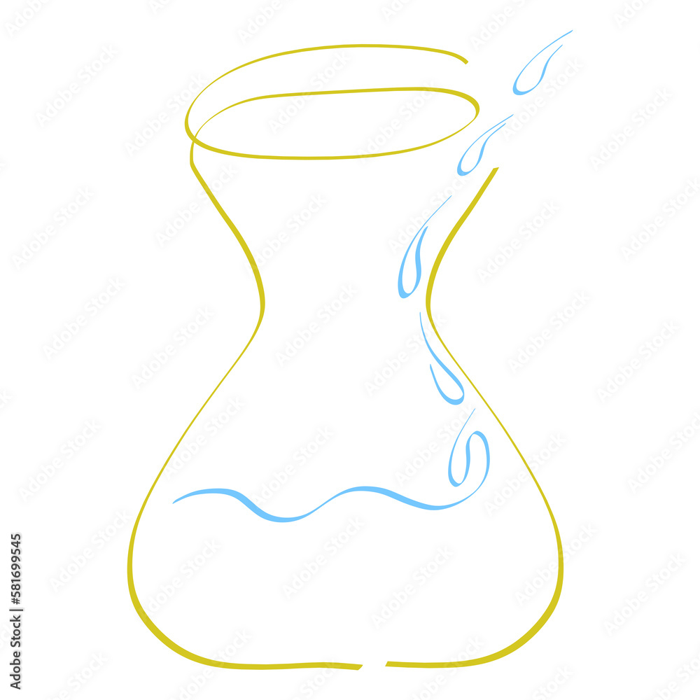 water drops pour into yellow jug with, abstract color sketch on white background water drops pour into yellow jug with, abstract color sketch on white background
