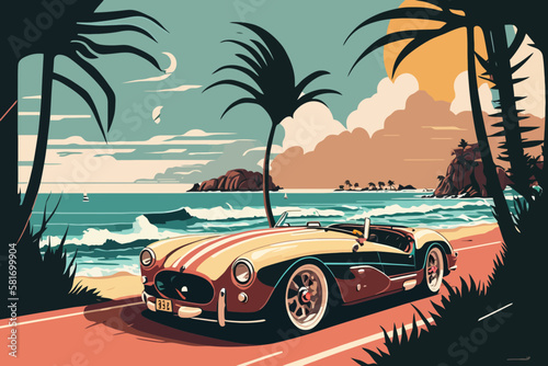 Summer concept. Nice roadster on the way to summer holidays on the coast. Vector art. Generative AI technology.