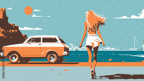 Summer concept. Girl on the way to summer holidays. Vector art. Generative AI technology.