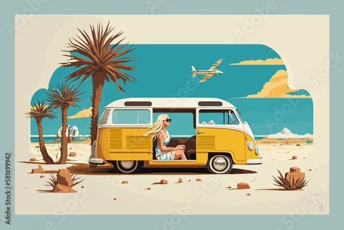 Summer concept. Girl in van on the way to summer holidays. Vector art. Generative AI technology.