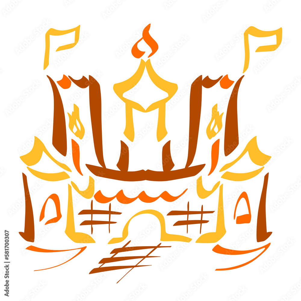 Medieval castle or fortress with dome and flags, abstract colorful outline on white background Medieval castle or fortress with dome and flags, abstract colorful outline on white background
