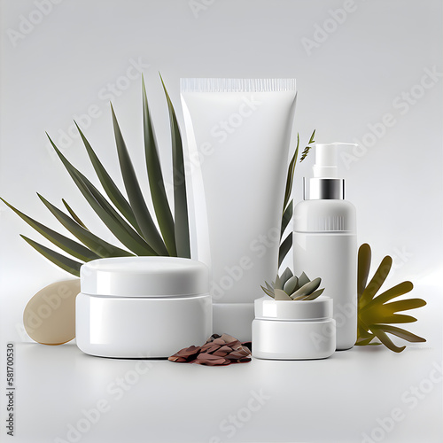 Cosmetic products with tropical leaves on a white background. AI generative