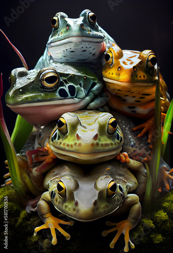 Group of stack frogs sitting on a rock in a pond. Studio shot. AI generative