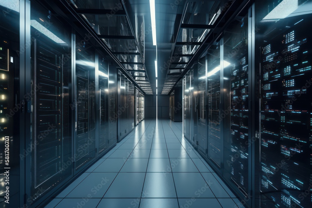 High tech data center with rows of servers, generative ai	
