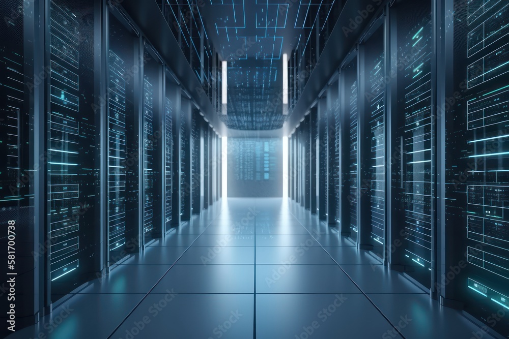 High tech data center with rows of servers, generative ai High tech data center with rows of servers, generative ai