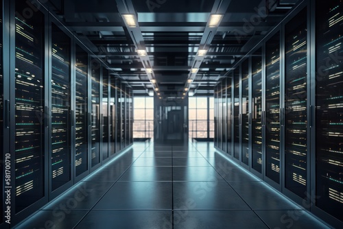 High tech data center with rows of servers, generative ai	