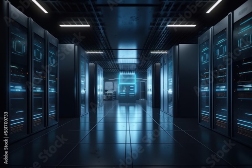 High tech data center with rows of servers  generative ai 