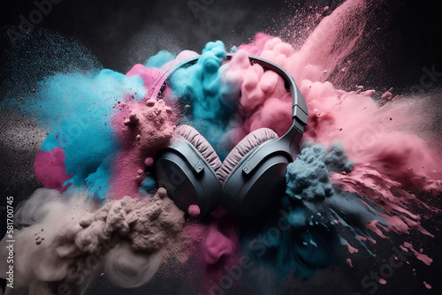 Explosion of headphones in blue and pink colors. Generative AI.