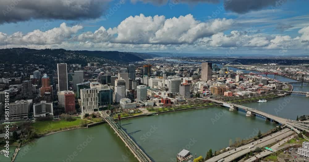 Portland Oregon Aerial v110 flyover Willamette River capturing waterfront downtown cityscape, bridges spanning across the water and hillside views in summer - Shot with Mavic 3 Cine - August 2022