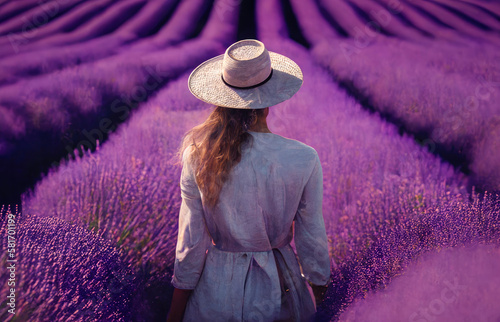 beautiful woman in a light dress walks through a flowers field, view from the back, ai generative
