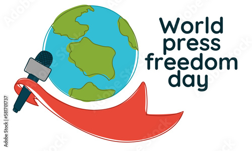 Banner for the World Press Freedom Day - May 3. Contour drawing with microphone spots with a developing ribbon on the ground background. Color illustration. A simple banner to print.