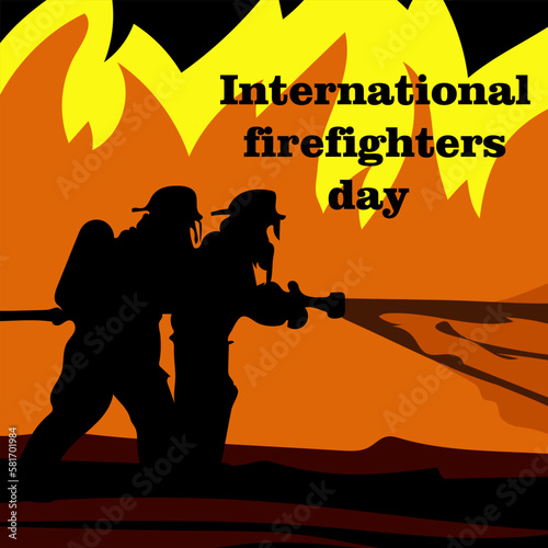 Banner, poster or template for the International Day of Firefighters with silhouettes of two firefighters extinguishing a fire. Vector illustration for May 4. Outline of firefighters on the background