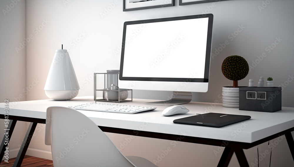 Mock up of desktop computer on white table in modern minimal workplace. Generative AI Mock up of desktop computer on white table in modern minimal workplace. Generative AI