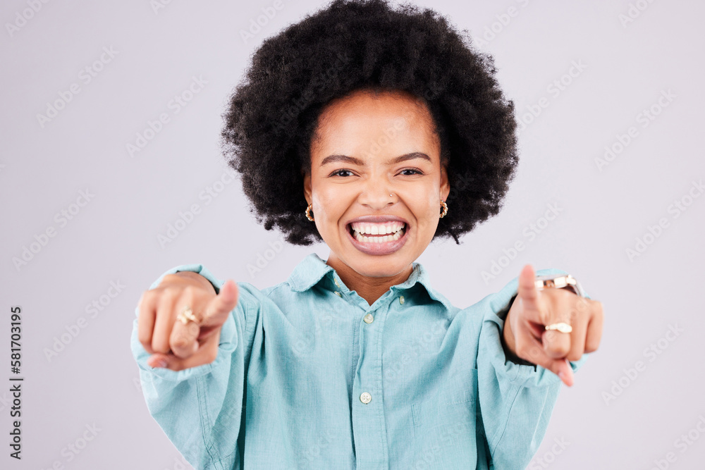 Happy, pointing and portrait of black woman in studio for yes, opportunity and decision. Yes, smile and deal with female and gesture isolated on gray background for agreement, thank you and choice Happy, pointing and portrait of black woman in studio for yes, opportunity and decision. Yes, smile and deal with female and gesture isolated on gray background for agreement, thank you and choice