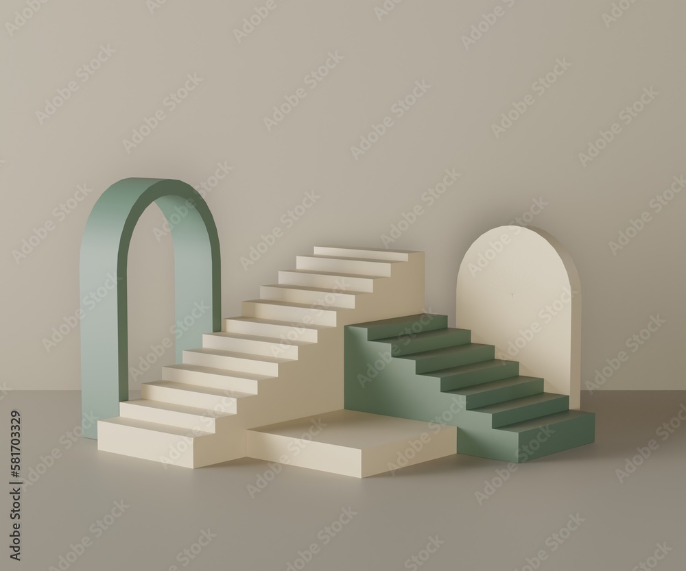Stairs and podium with geometric shapes , green arch and stage for product display and promotion. , 3D rendering Stairs and podium with geometric shapes , green arch and stage for product display and promotion. , 3D rendering