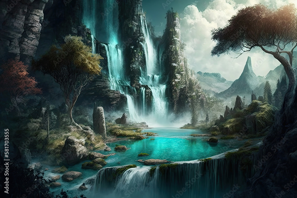 magical waterfall in a fantasy landscape, Generative AI