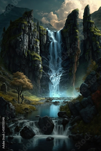 beautiful waterfall in a fantasy landscape  Generative AI