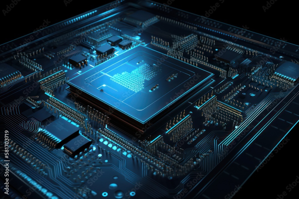 Abstract electronic circuit board background with motherboard and CPU and GPU, generative ai