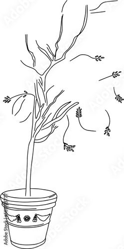 outline minimal sketch of tree in a large pot with crumbling leaves
