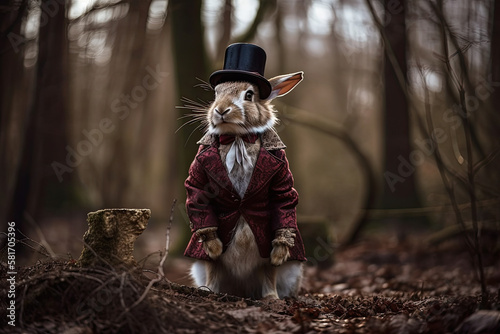 A white rabbit wearing a red jacket and a black top hat, standing in the woods alert and watching out for danger. Generative AI