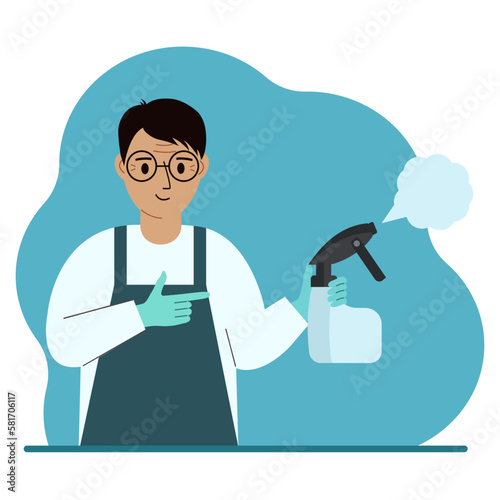 A man in gloves holds a spray bottle with disinfectant liquid, antiseptic or detergent. Home disinfection and hygiene.