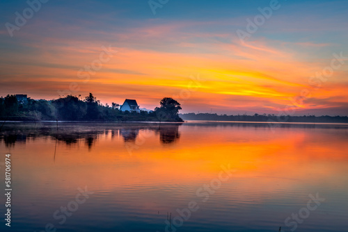 Dawn on the sea of tea lakes in Gia Lai province, Viet Nam