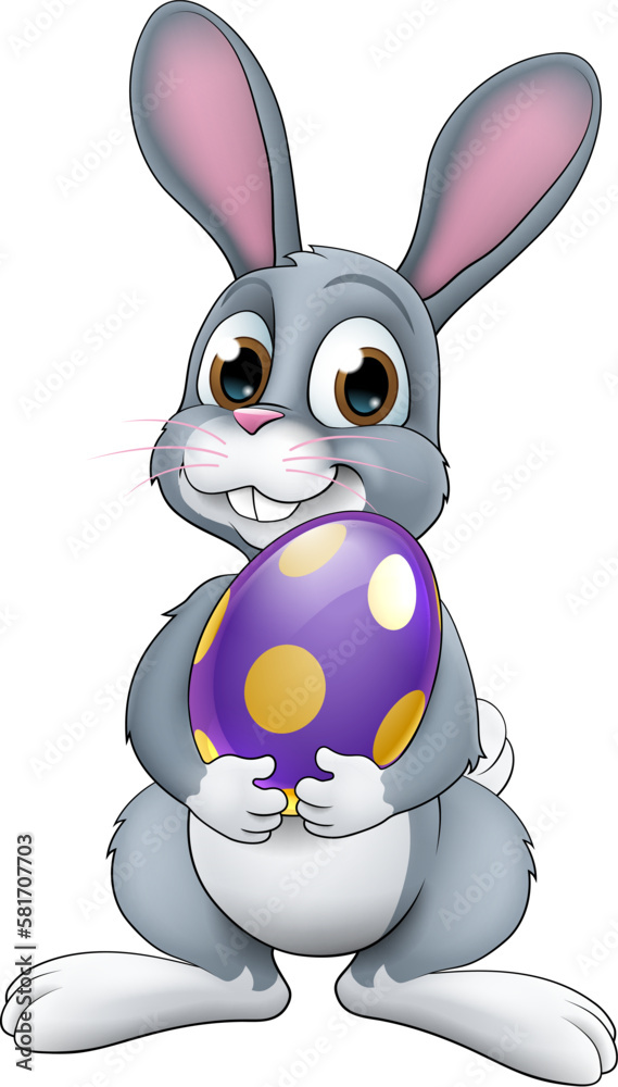 Fototapeta premium An Easter bunny rabbit holding huge chocolate Easter egg cartoon illustration