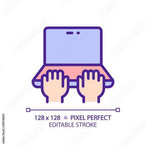 Hands with laptop pixel perfect RGB color icon. Person working on notebook computer. Typing on PC keyboard. Isolated vector illustration. Simple filled line drawing. Editable stroke