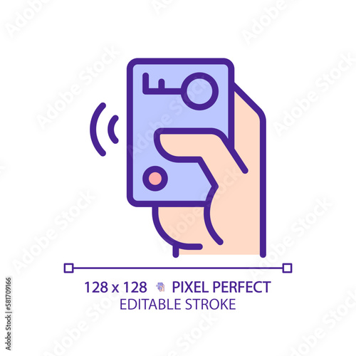 Hand with car remote starter pixel perfect RGB color icon. Wireless automobile key. Digital card. Innovative technology. Isolated vector illustration. Simple filled line drawing. Editable stroke