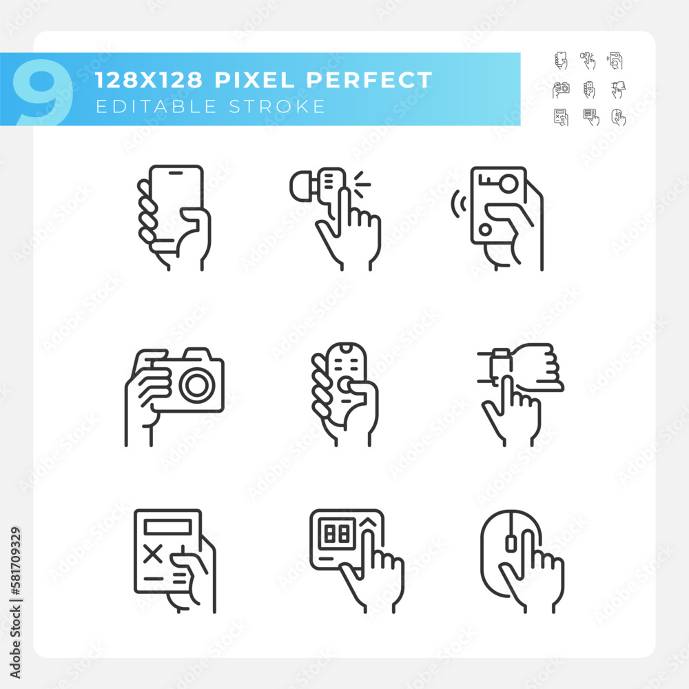 Hands holding electronic gadgets pixel perfect linear icons set. Digital equipment usage. Technology for life. Customizable thin line symbols. Isolated vector outline illustrations. Editable stroke