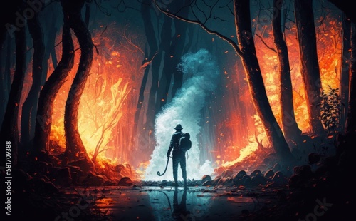Man with a fire extinguisher in the middle of a dark forest. Generative AI