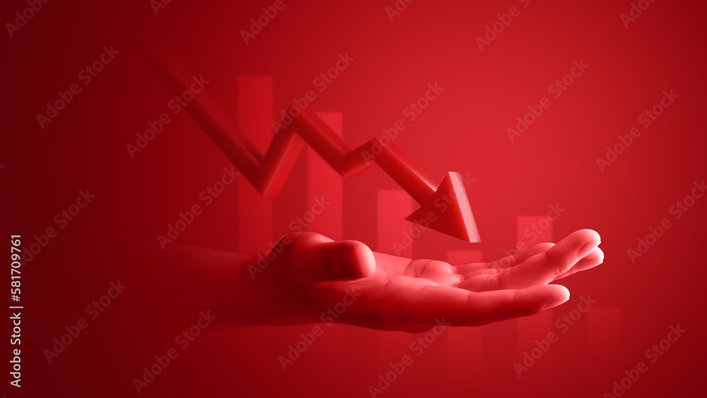 Hand crisis business graph red 3d arrow fall financial chart investment