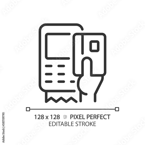 Hand with EDC device pixel perfect linear icon. POS terminal for payment with credit cards. Digital banking technology. Thin line illustration. Contour symbol. Vector outline drawing. Editable stroke