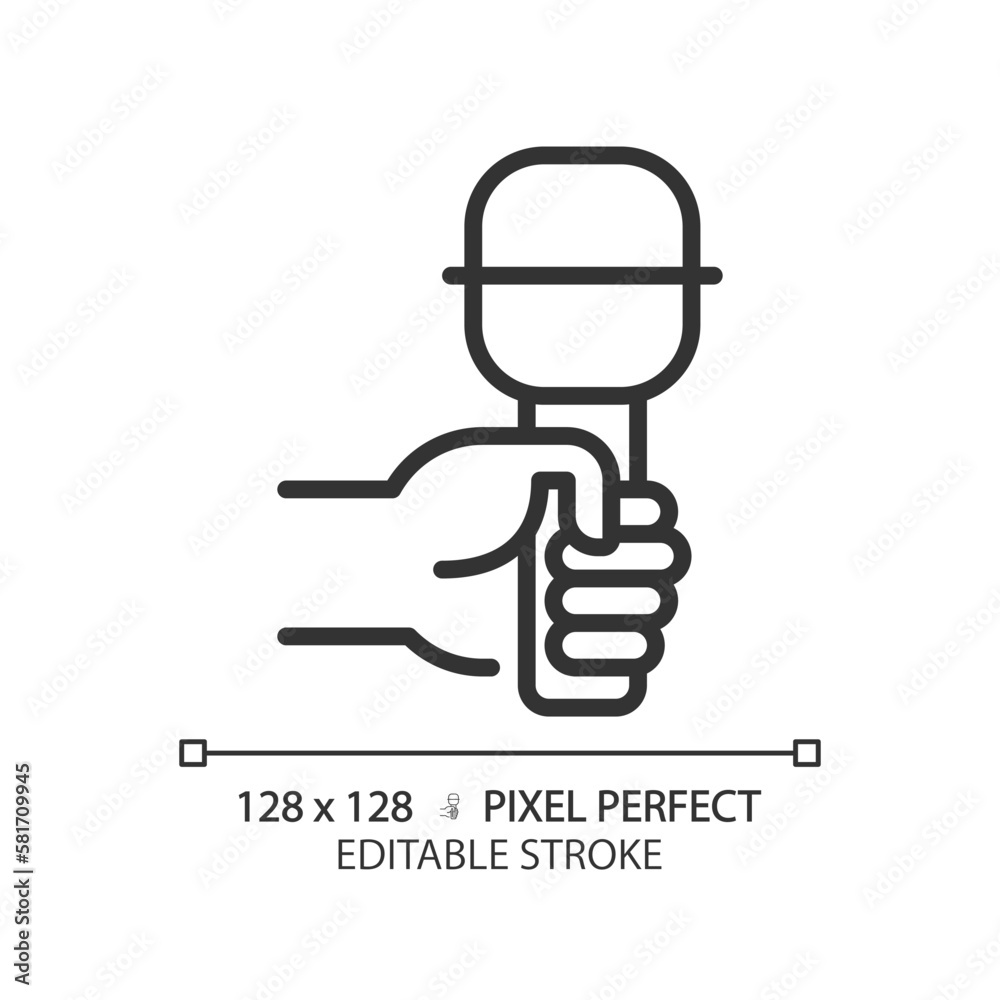 Hand with microphone pixel perfect linear icon. Audio recording equipment. Journalist with mic at interview. Thin line illustration. Contour symbol. Vector outline drawing. Editable stroke Hand with microphone pixel perfect linear icon. Audio recording equipment. Journalist with mic at interview. Thin line illustration. Contour symbol. Vector outline drawing. Editable stroke
