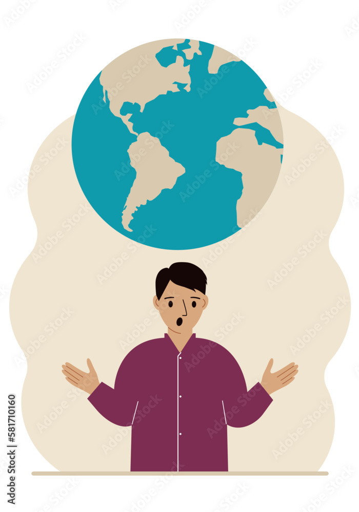 The man spread his arms and the planet Earth is above his head. Earth day holiday concept, saving the planet, saving energy, global warming or climate change.