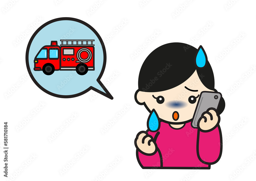 スマホで消防車を呼ぶ女性 スマホで消防車を呼ぶ女性
