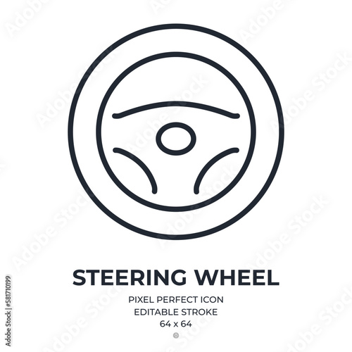 Steering wheel editable stroke outline icon isolated on white background flat vector illustration. Pixel perfect. 64 x 64.