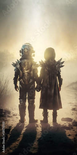 Generative AI illustration of Steampunk alien children staring at the sunset