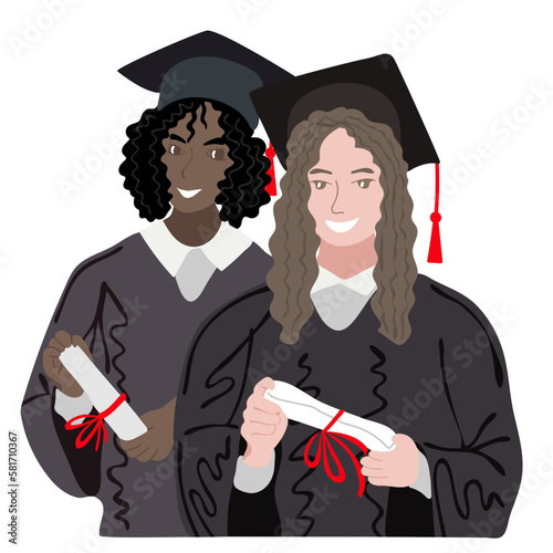Happy students with diplomas wearing academic gown and graduation cap. College graduates with education certificates. Graduate diversity. Vector illustration